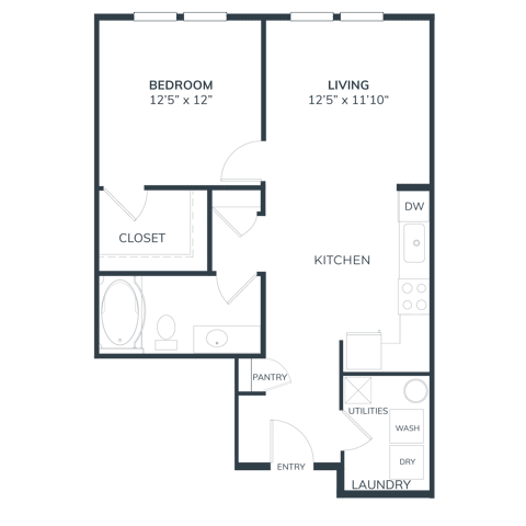 A 3D image of the AS1 floorplan, a 707 squarefoot, 0 bed / 1 bath unit