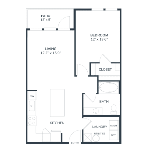 A 3D image of the A1 floorplan, a 756 squarefoot, 1 bed / 1 bath unit