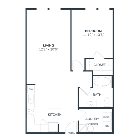 A 3D image of the A2 floorplan, a 816 squarefoot, 1 bed / 1 bath unit