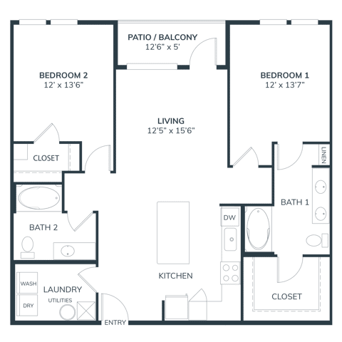 A 3D image of the B1 floorplan, a 1164 squarefoot, 2 bed / 2 bath unit