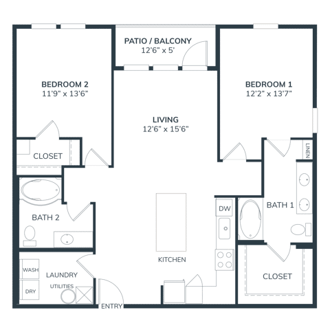 A 3D image of the B1C floorplan, a 1176 squarefoot, 2 bed / 2 bath unit