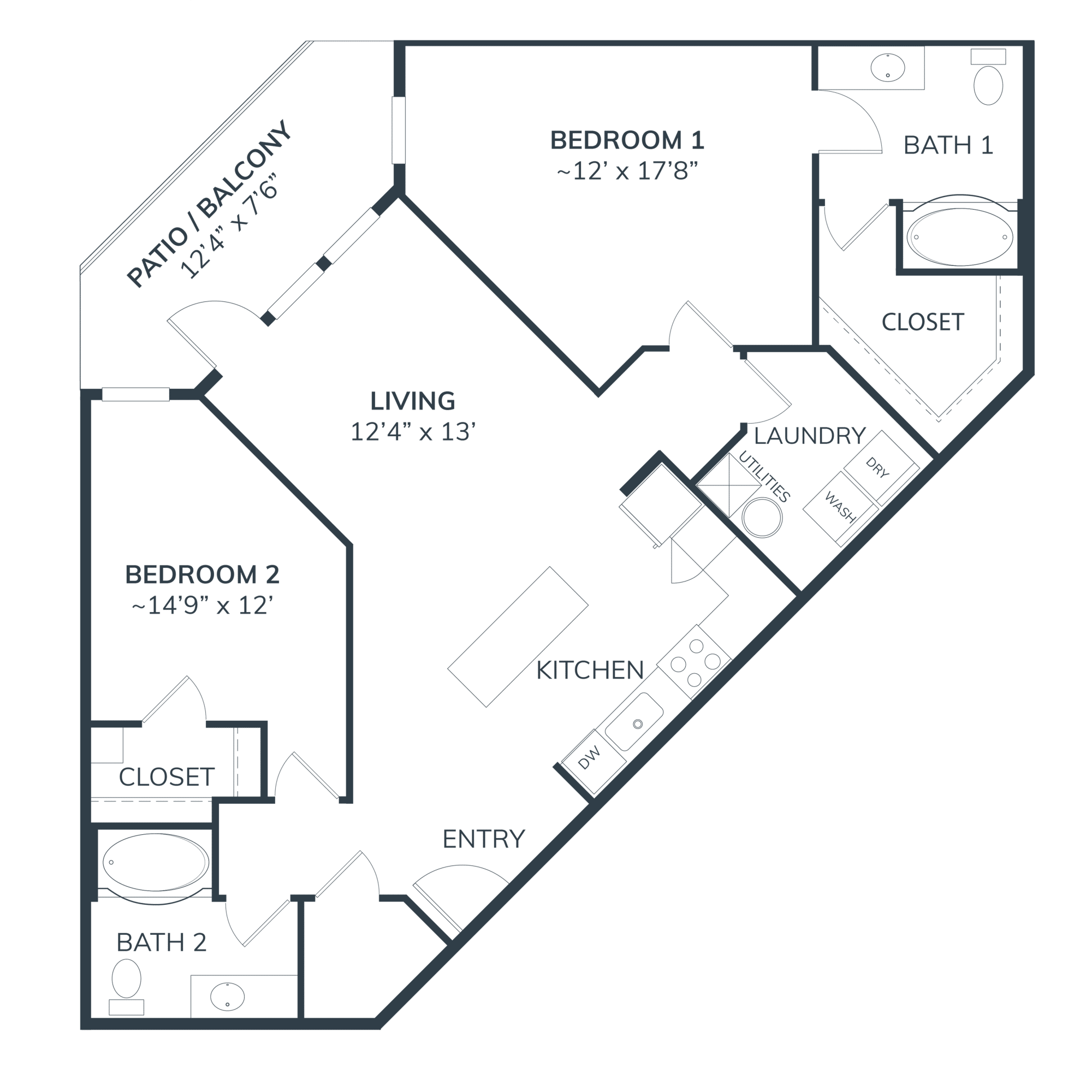 A 3D image of the B1IC floorplan, a 1225 squarefoot, 2 bed / 2 bath unit