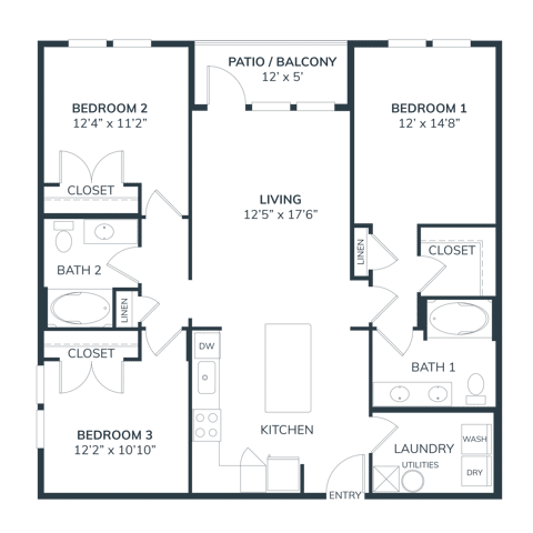 A 3D image of the C1 floorplan, a 1248 squarefoot, 3 bed / 2 bath unit